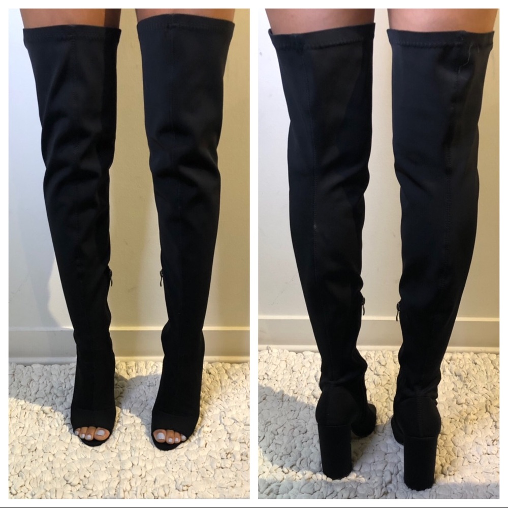 Black over the knee open toe boots!